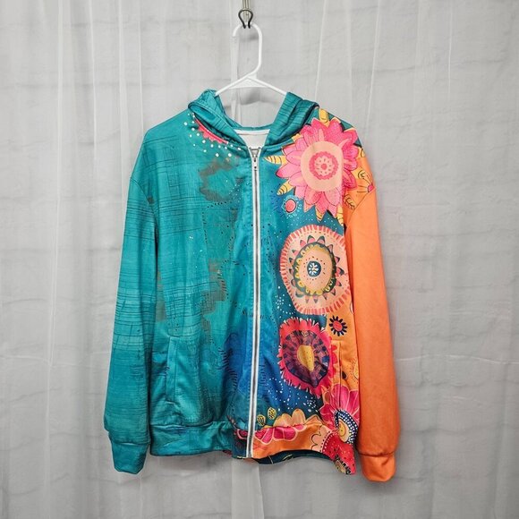 Blue Orange Hooded Zip Boho Sweatshirt L - Picture 8 of 10